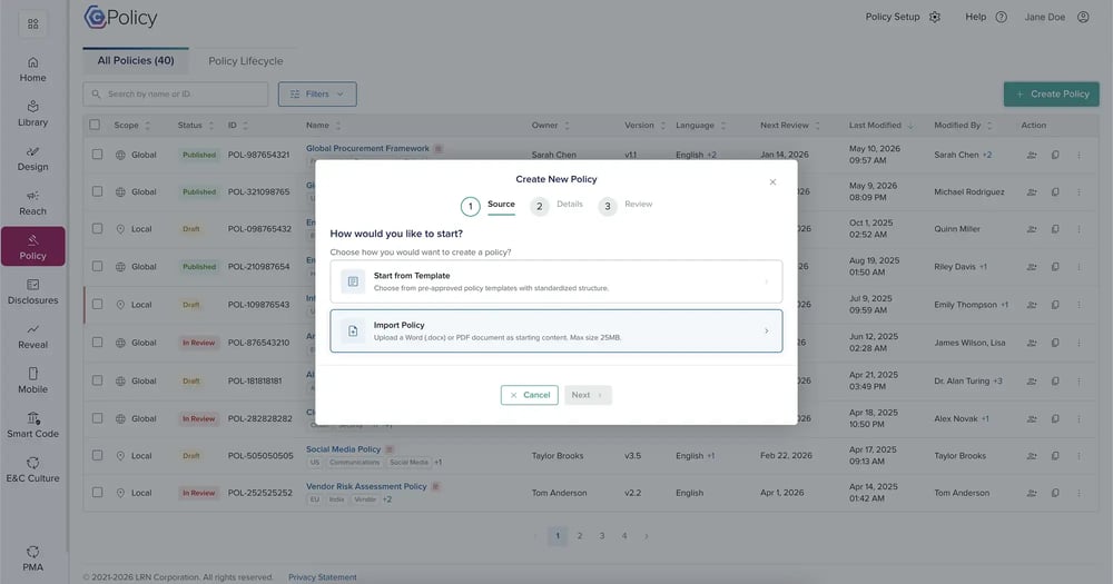 Create or import policy content